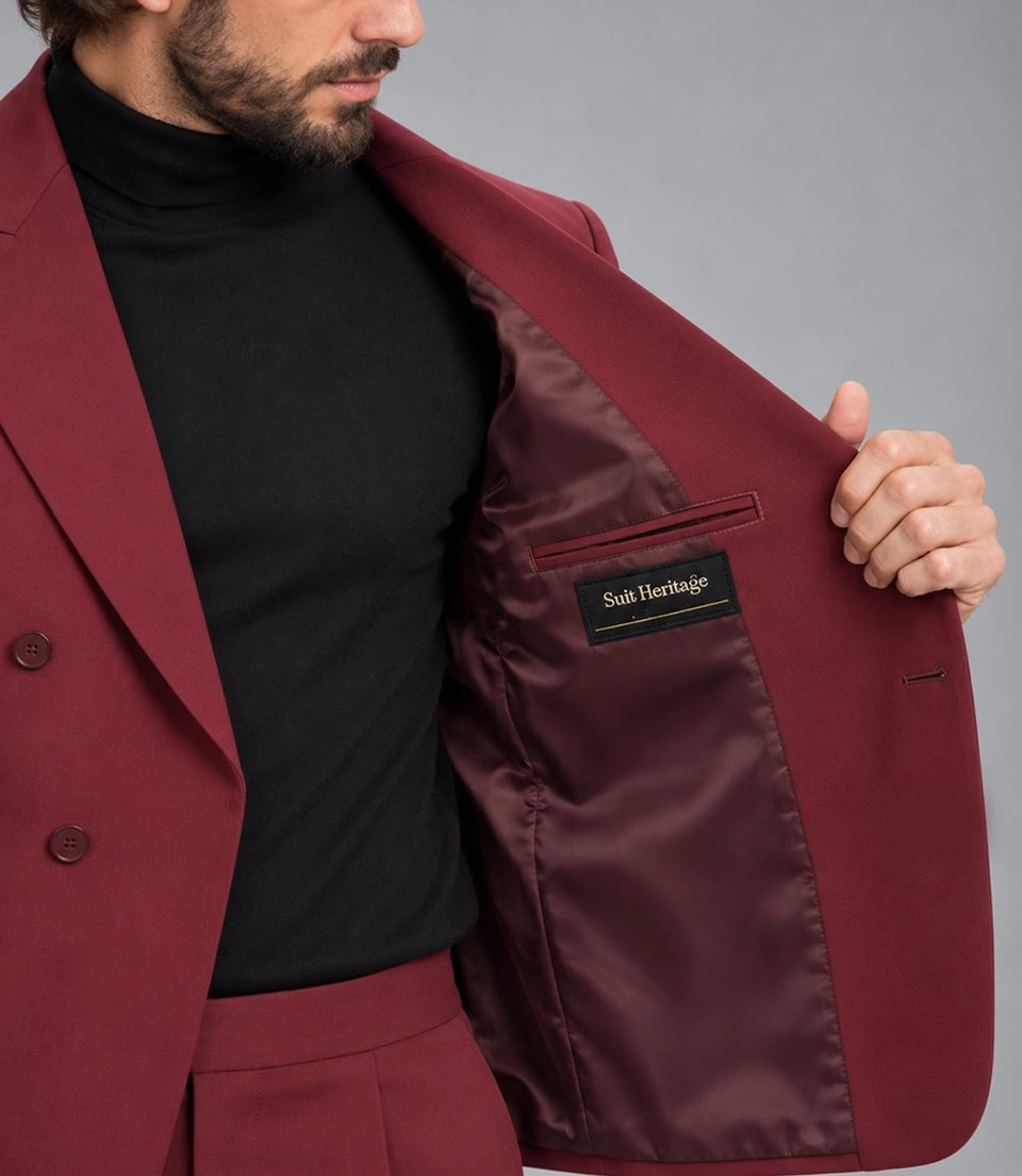 Men's Maroon Cropped Double Breasted Wedding Suit Inner - Suit Heritage