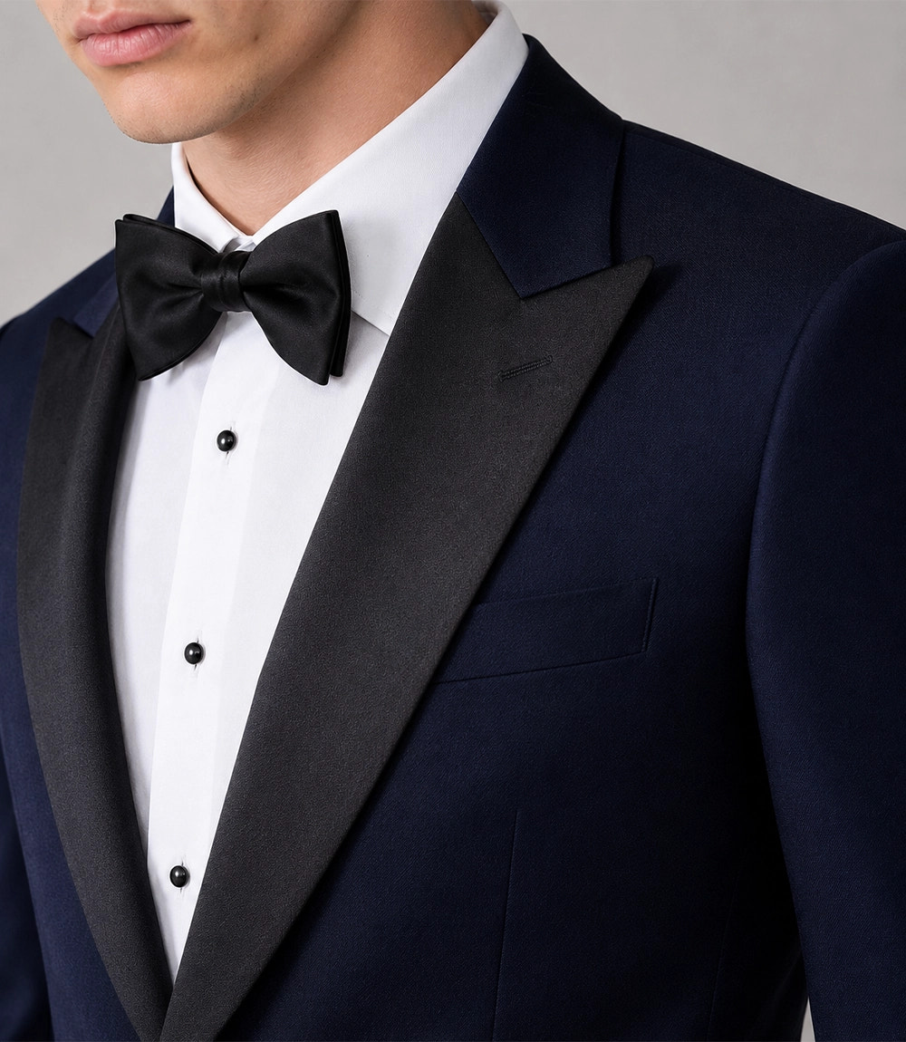 Men's Midnight Navy Peak Lapel Tuxedo Closeup - Suit Heritage