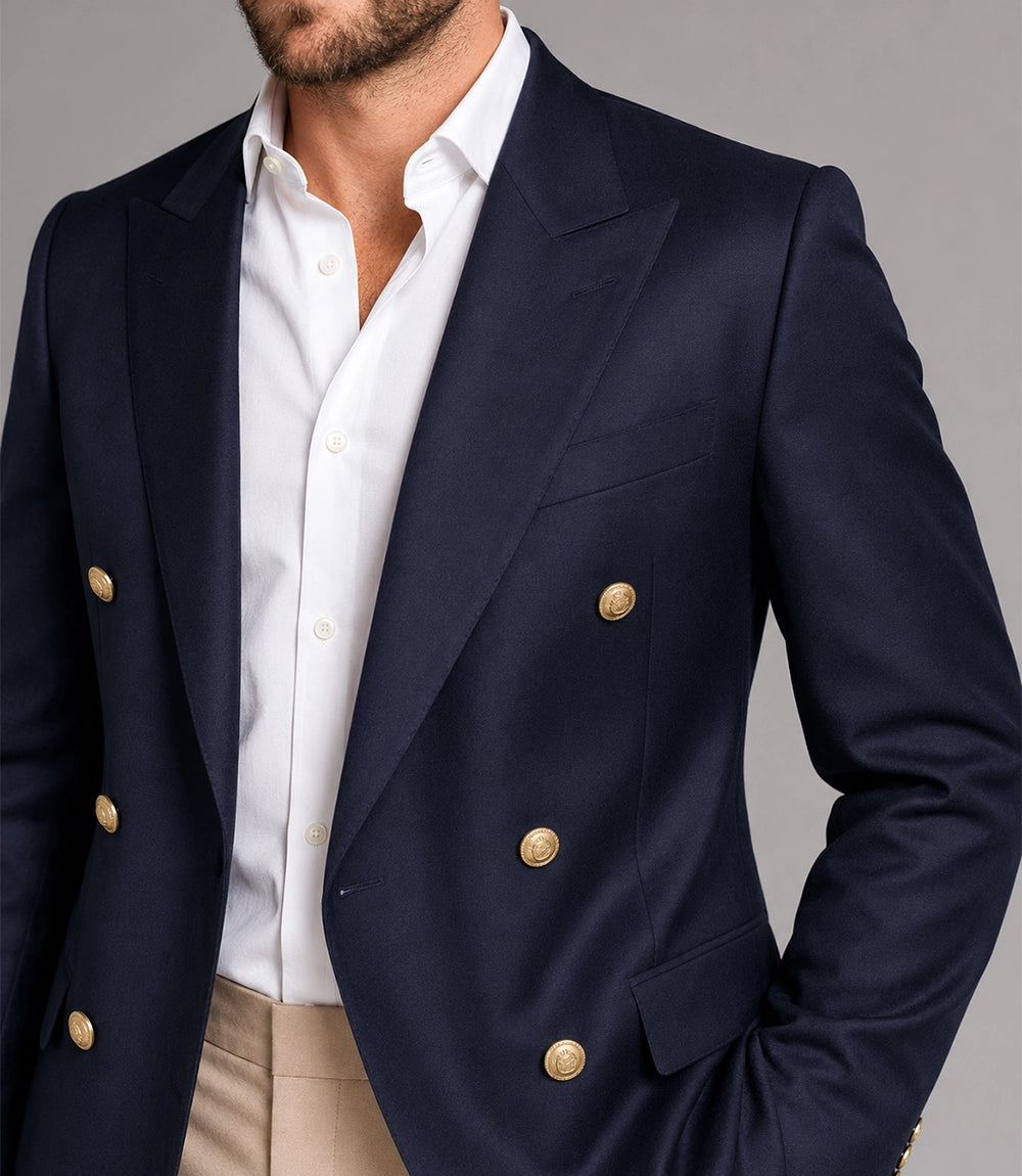 Men's Navy & Beige Double Breasted Suit Closeup - Suit Heritage