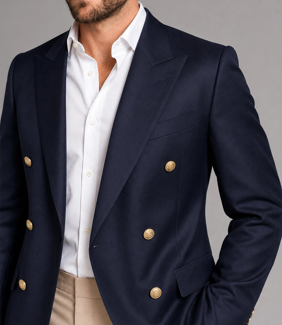 Men's Navy & Beige Double Breasted Suit Closeup - Suit Heritage