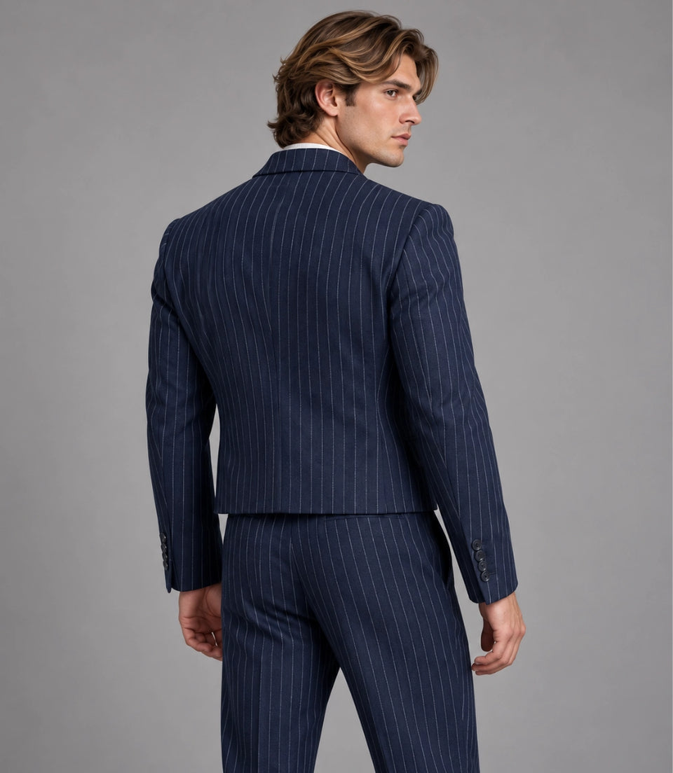 Men's Navy Blue Pinstripe Cropped Suit Back  -  Suit Heritage
