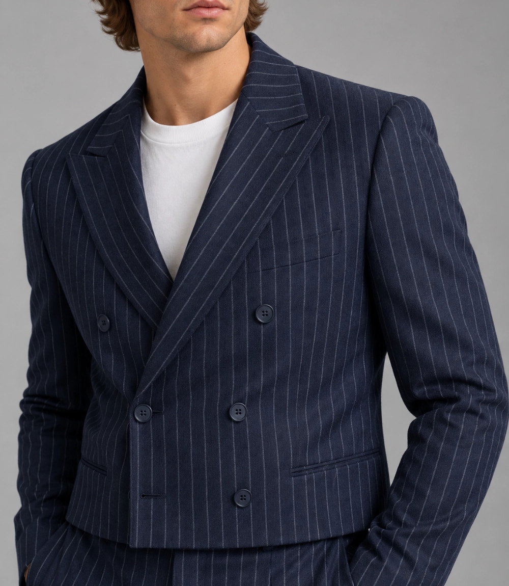 Men's Navy Blue Pinstripe Cropped Suit Closeup -  Suit Heritage