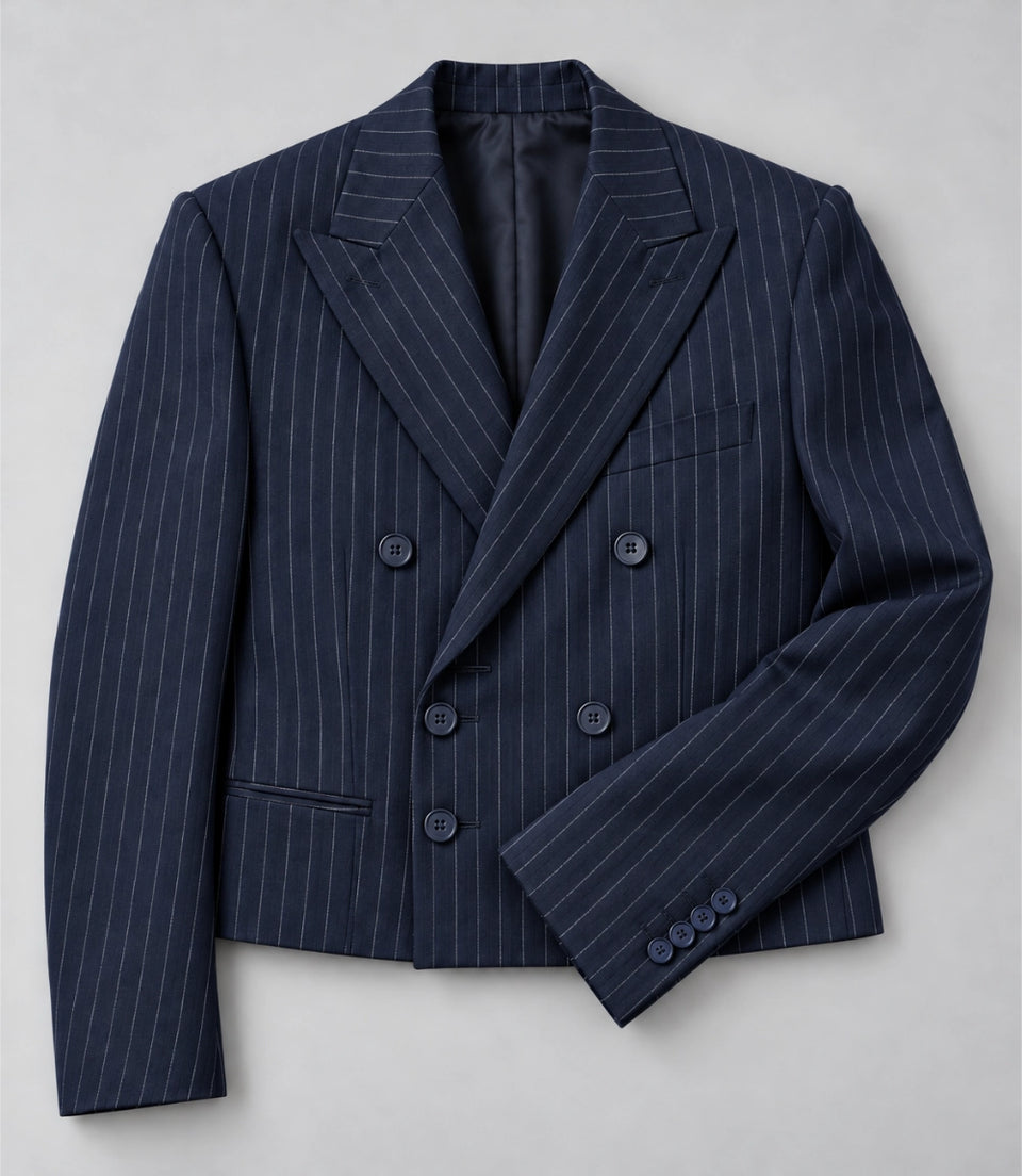 Men's Navy Blue Pinstripe Cropped Suit Fabric -  Suit Heritage