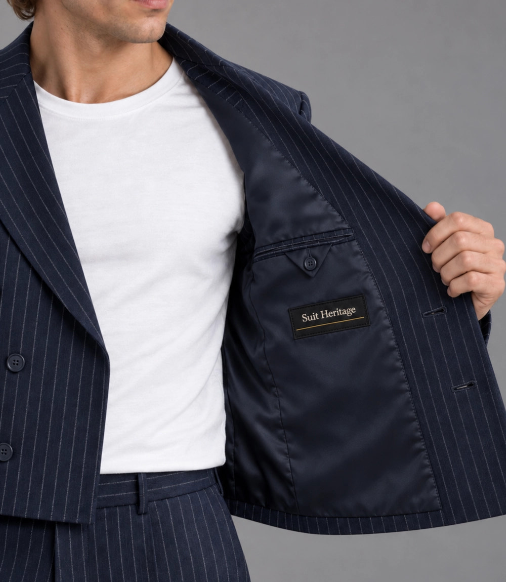 Men's Navy Blue Pinstripe Cropped Suit Inner  -  Suit Heritage