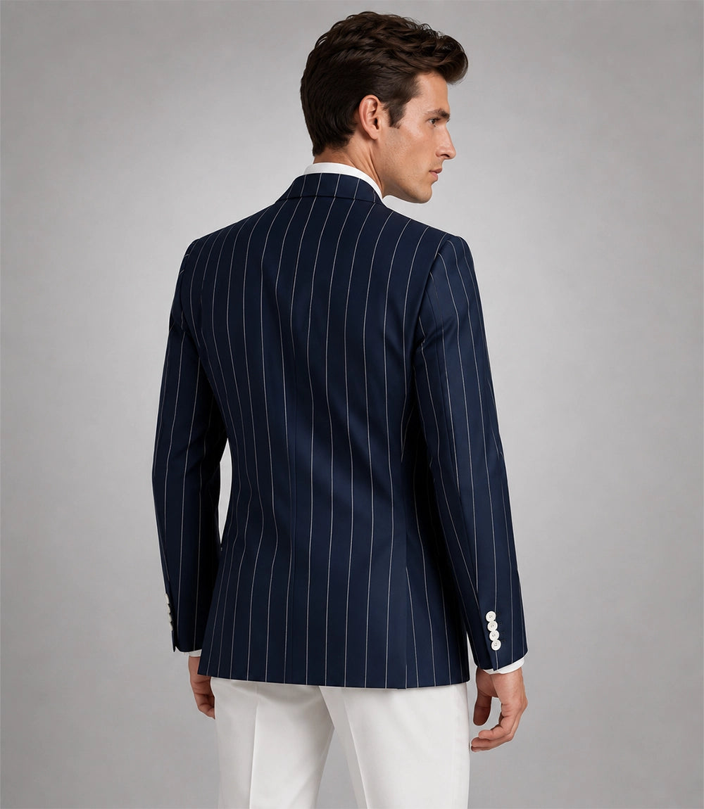 Men's Navy Blue Pinstripe Double Breasted Suit Back - Suit Heritage