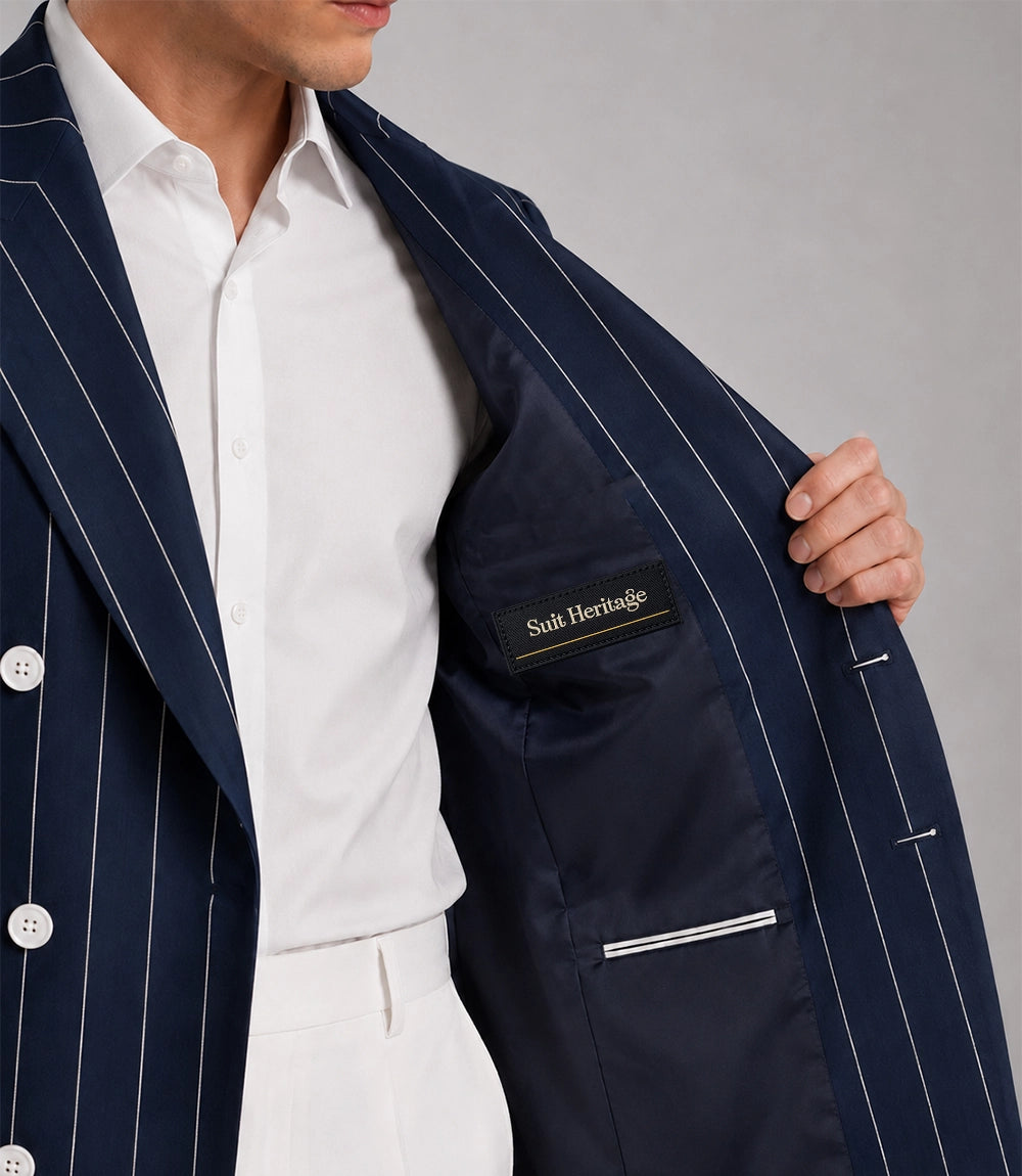 Men's Navy Blue Pinstripe Double Breasted Suit Closeup - Suit Heritage