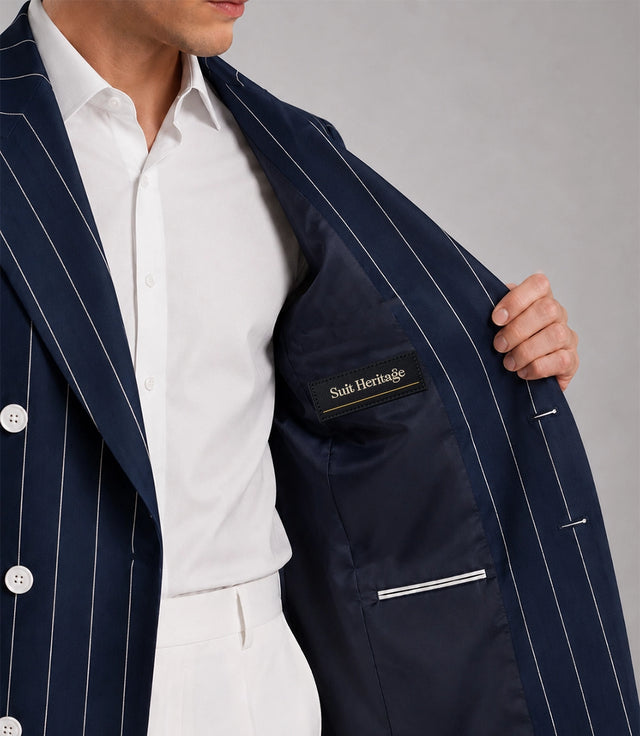 Men's Navy Blue Pinstripe Double Breasted Suit Closeup - Suit Heritage