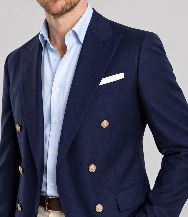 Men's Navy Double Breasted 2 Piece Suit Closeup - Suit Heritage