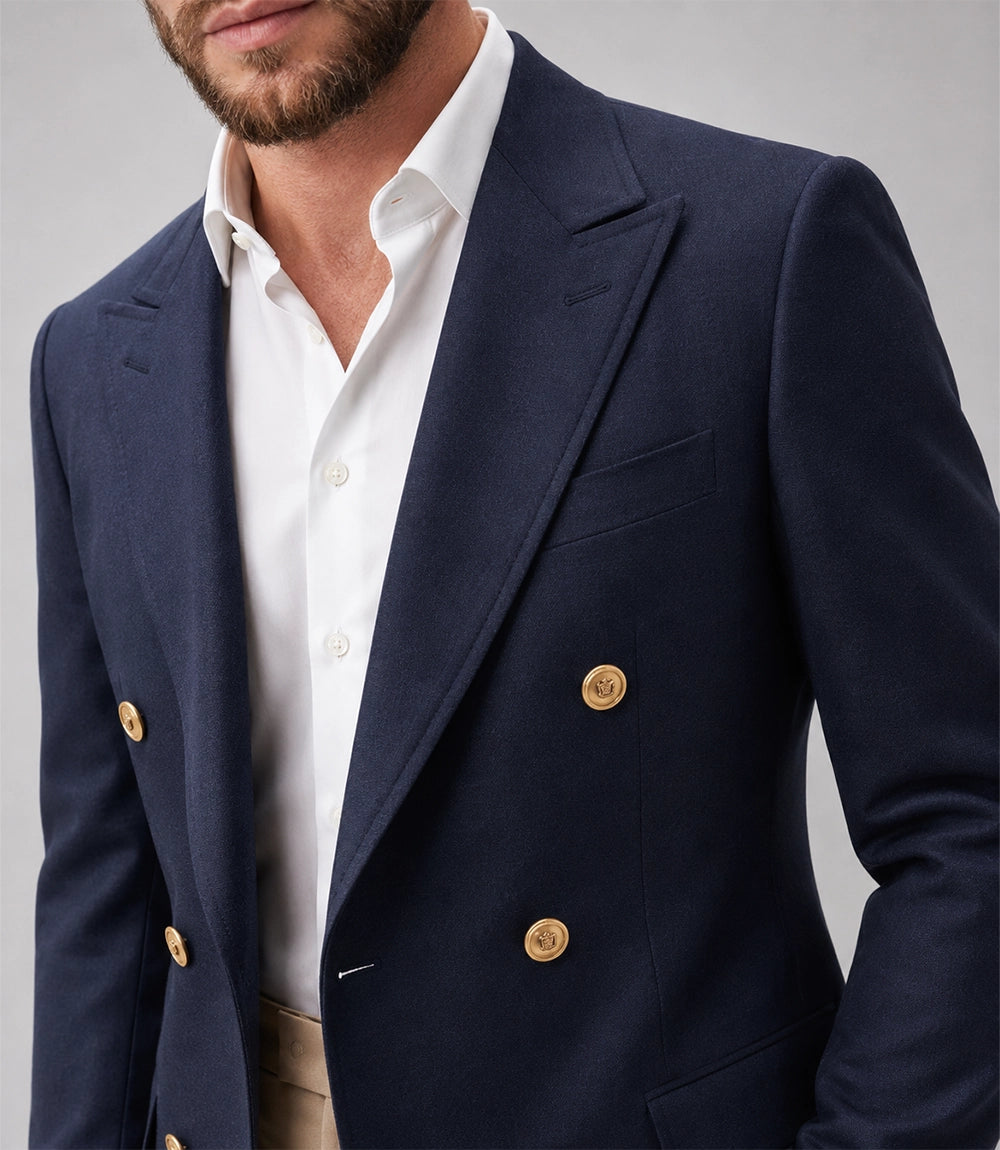Men's Navy Double Breasted Business Suit Closeup - Suit Heritage