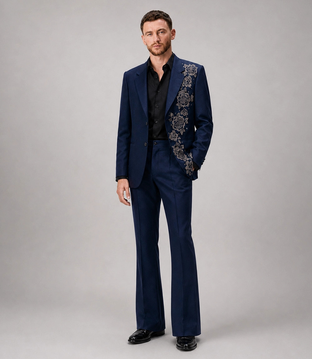 Men's Navy Nocturne Rose Hand Embroidered Suit - Suit Heritage