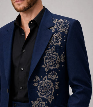 Men's Navy Nocturne Rose Hand Embroidered Suit Closeup - Suit Heritage