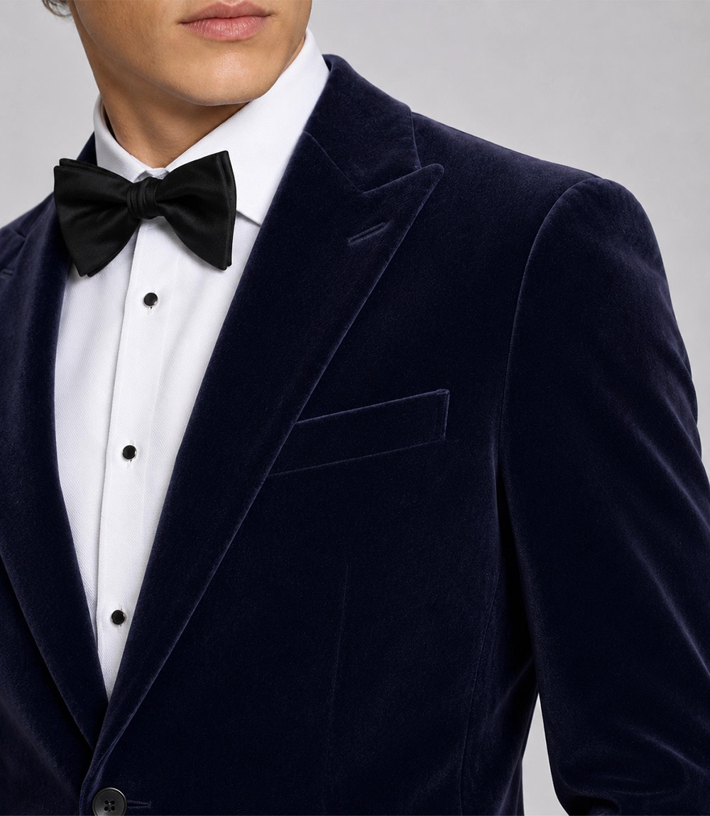 Men's Navy Tailored Velvet Tuxedo Closeup - Suit Heritage