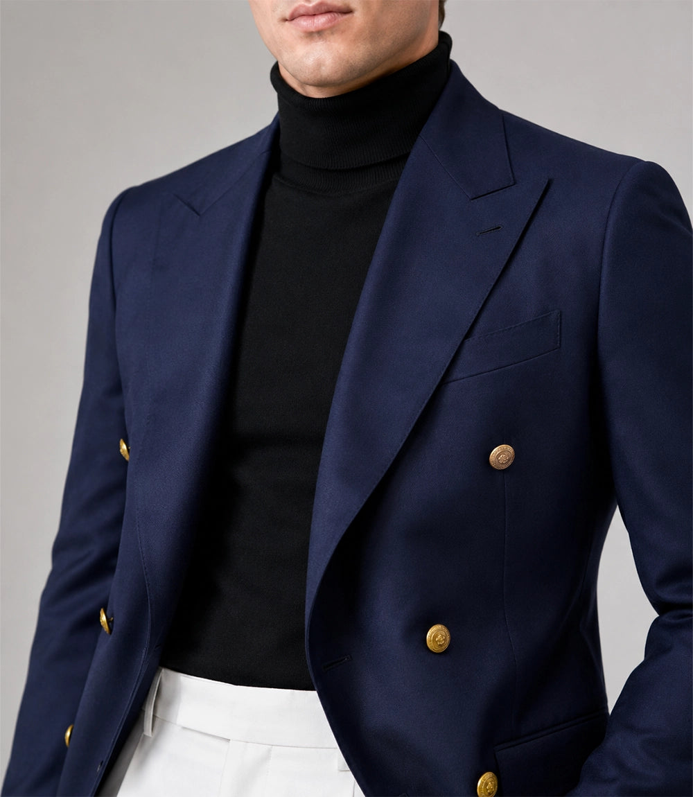 Men's Navy & White Double Breasted Suit Closeup  Suit Heritage