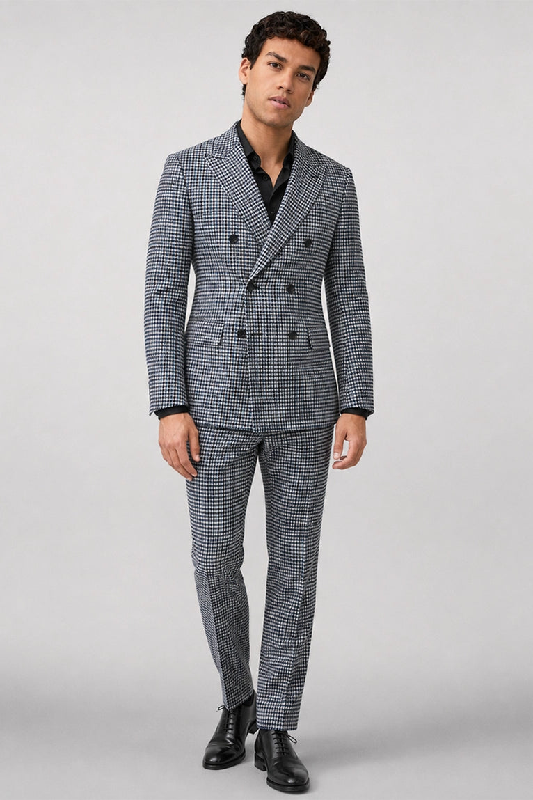 Men’s Navy & White Houndstooth Double Breasted Suit  - Suit Heritage