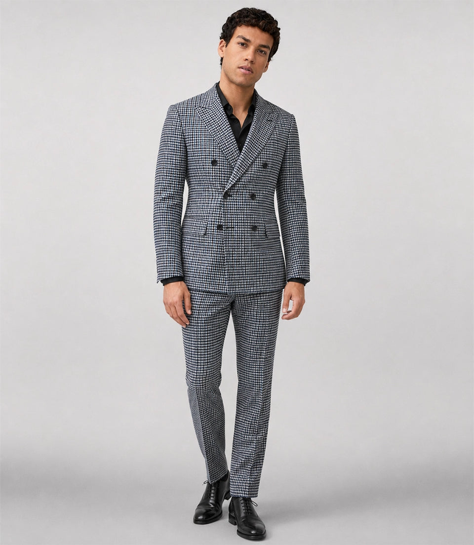 Men’s Navy & White Houndstooth Double Breasted Suit  - Suit Heritage