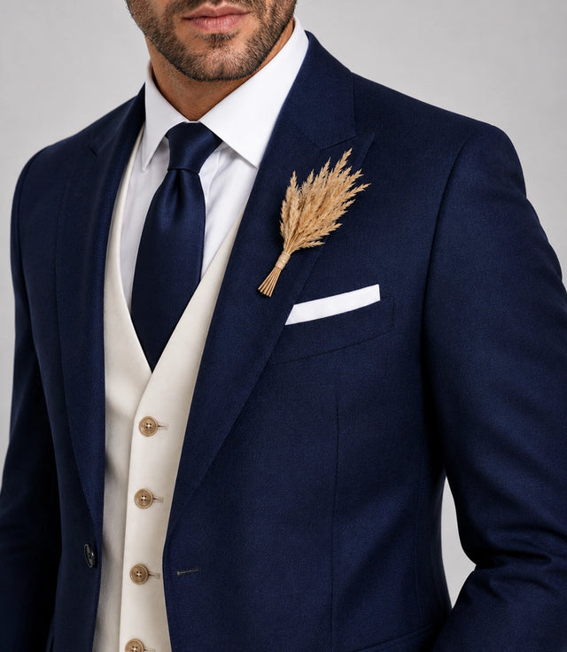 Men’s Navy and Ivory 3 Piece Wedding Suit Closeup - Suit Heritage