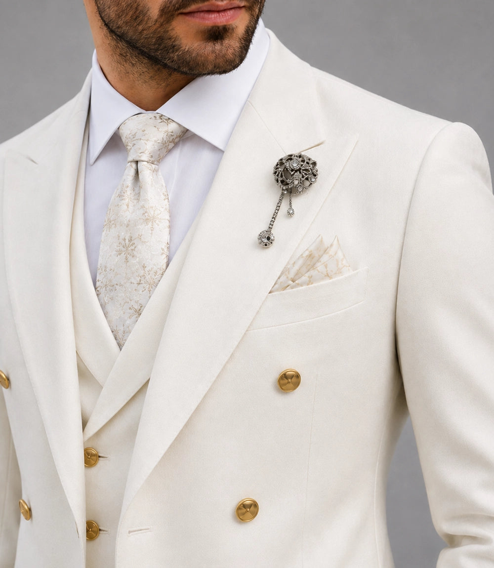 Men's Off White 3 Piece Wedding Suit Closeup - Suit Heritage