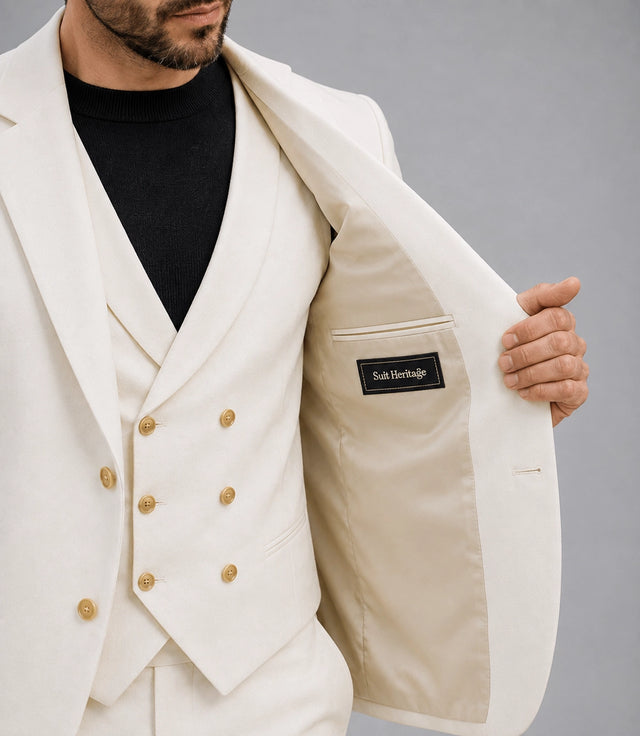 Men's Off White 3 Piece Wedding Suit Inner - Suit Heritage