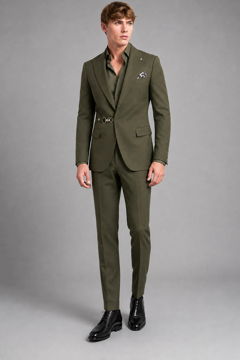 Men's Olive 2 Piece Suit With Metal Ring -  Suit Heritage
