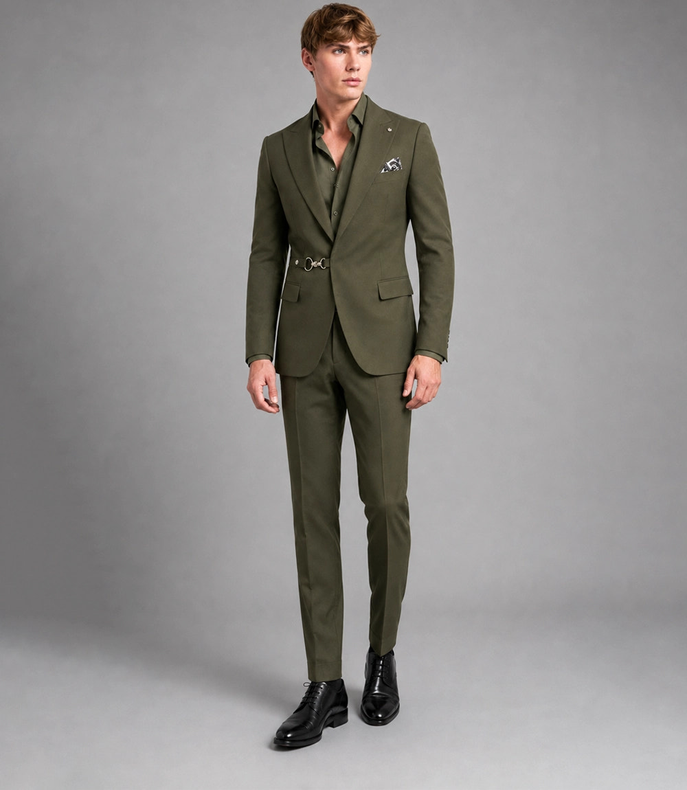 Men's Olive 2 Piece Suit With Metal Ring -  Suit Heritage