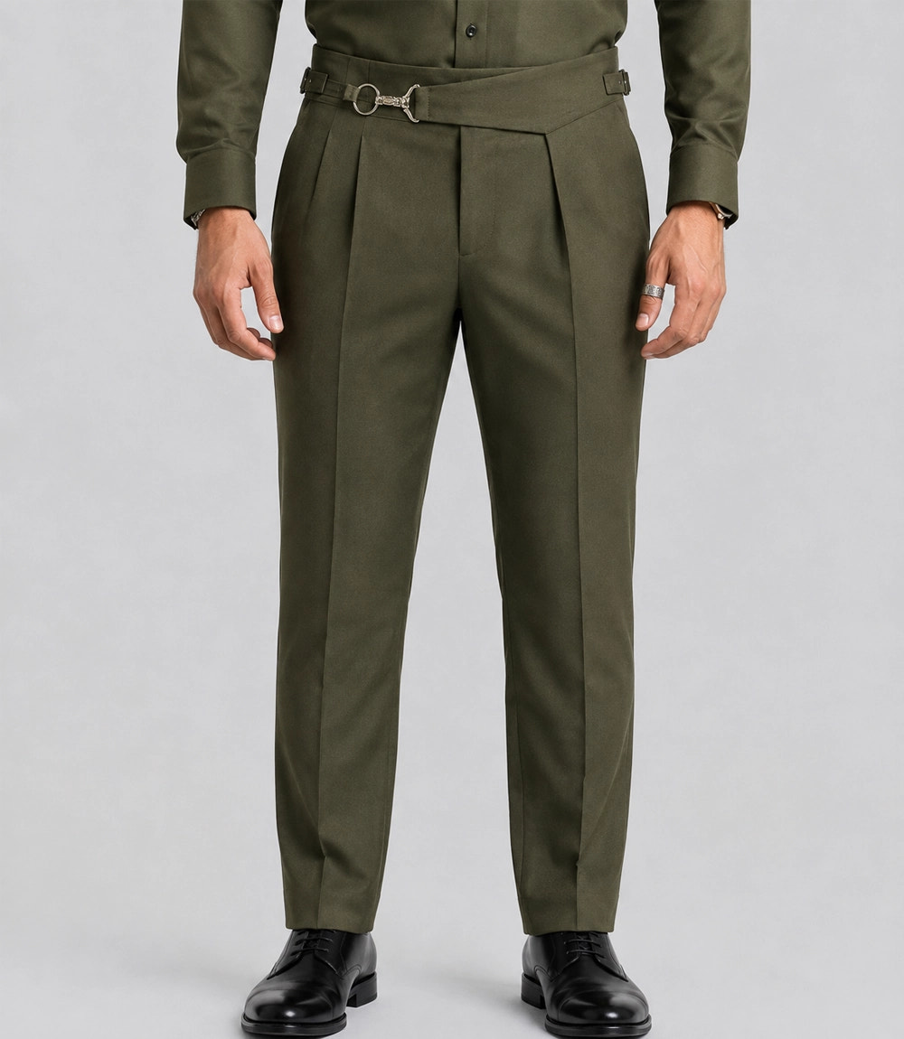 Men's Olive 2 Piece Suit With Metal Ring Pant  -  Suit Heritage