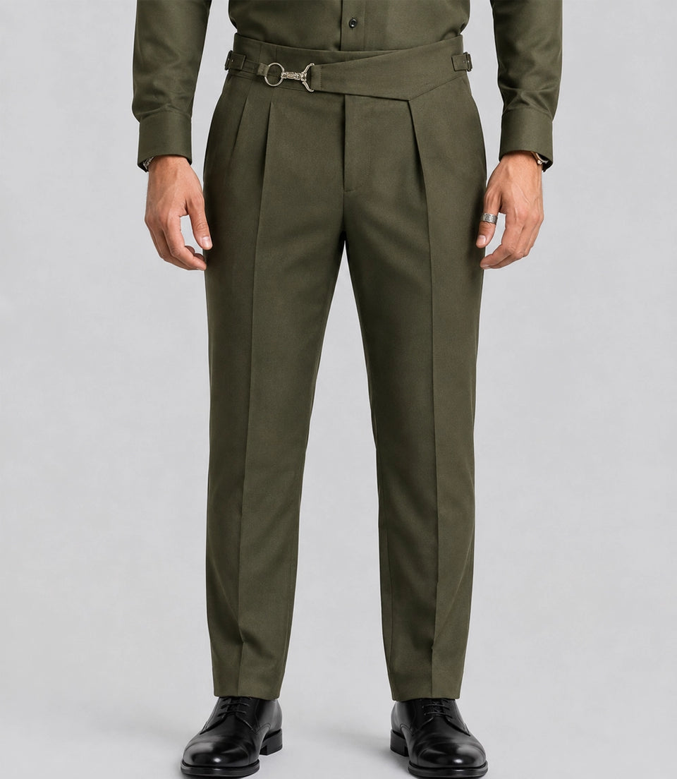 Men's Olive 2 Piece Suit With Metal Ring Pant  -  Suit Heritage