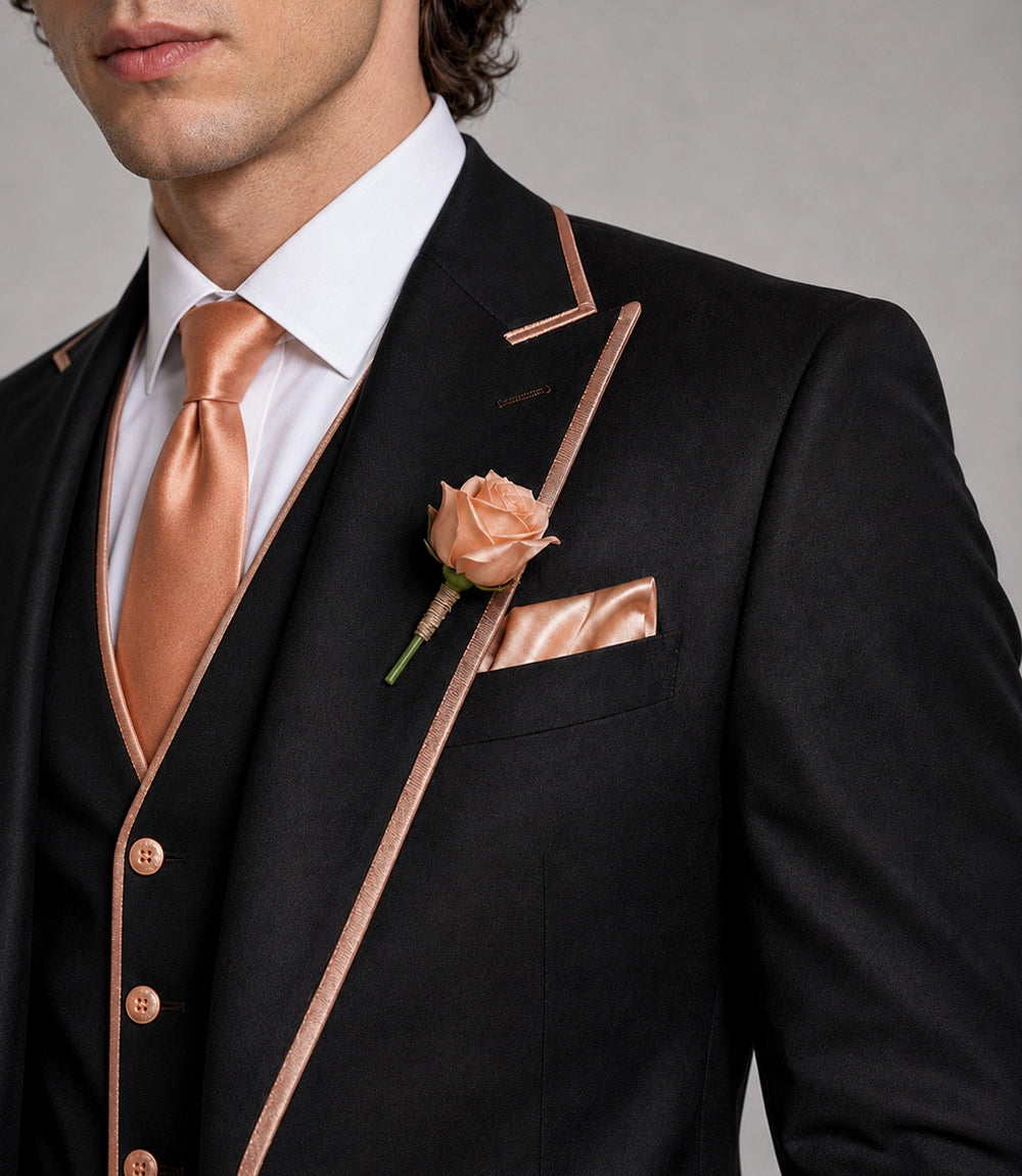 Men's Peak Lapel Tuxedo Groom Wedding 3 Piece Suit Closeup - Suit Heritage