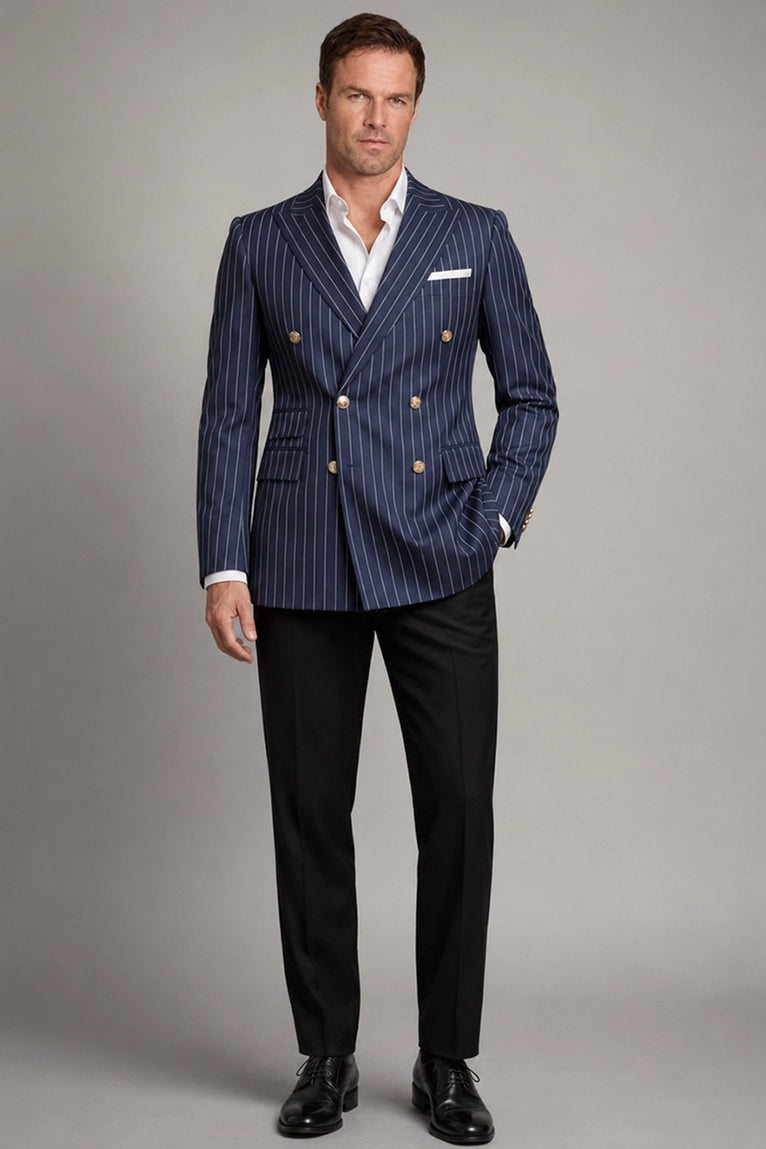 Men's Pinstripe  Navy Blue Double Breasted Suit - Suit Heritage