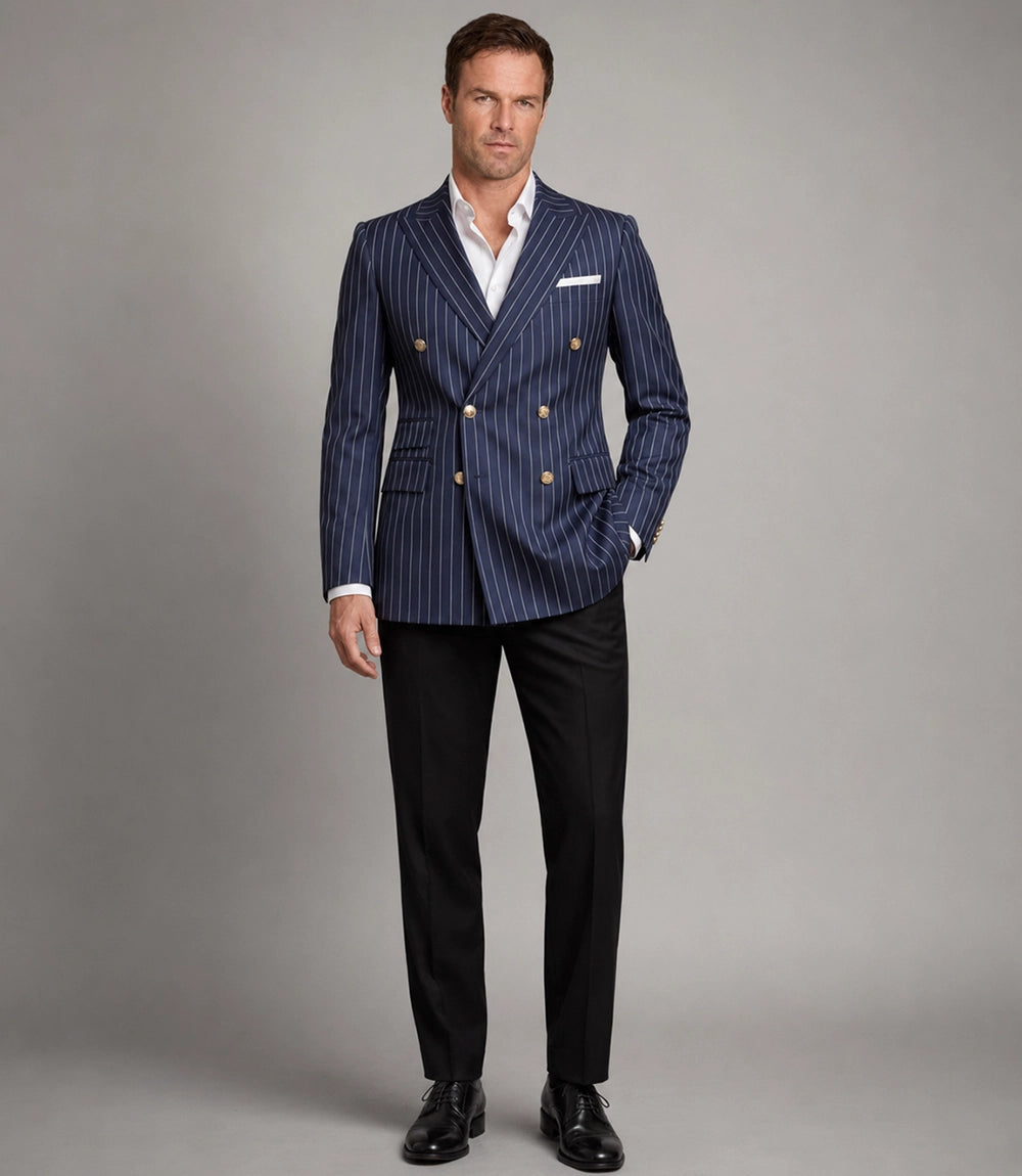 Men's Pinstripe  Navy Blue Double Breasted Suit - Suit Heritage
