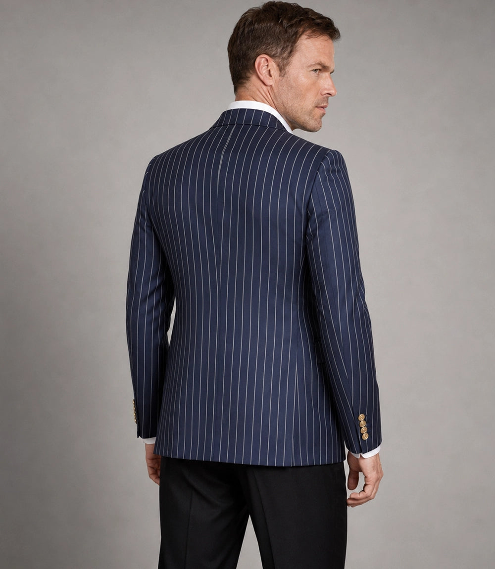 Men's Pinstripe  Navy Blue Double Breasted Suit Back - Suit Heritage