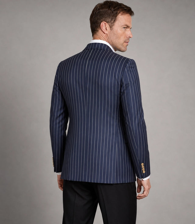 Men's Pinstripe  Navy Blue Double Breasted Suit Back - Suit Heritage
