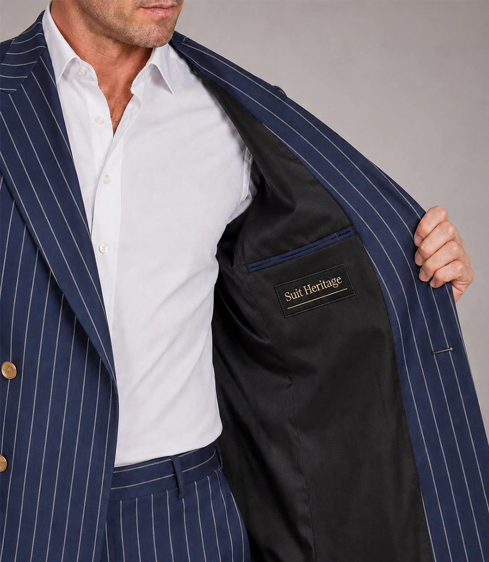 Men's Pinstripe  Navy Blue Double Breasted Suit Inner - Suit Heritage