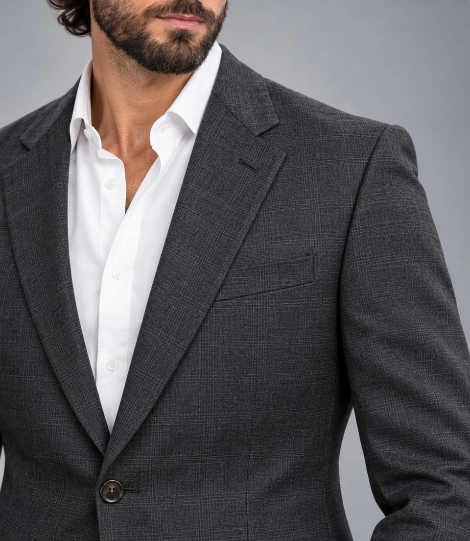 Men's Plaid Charcoal Grey Suit Closeup  -  Suit Heritage