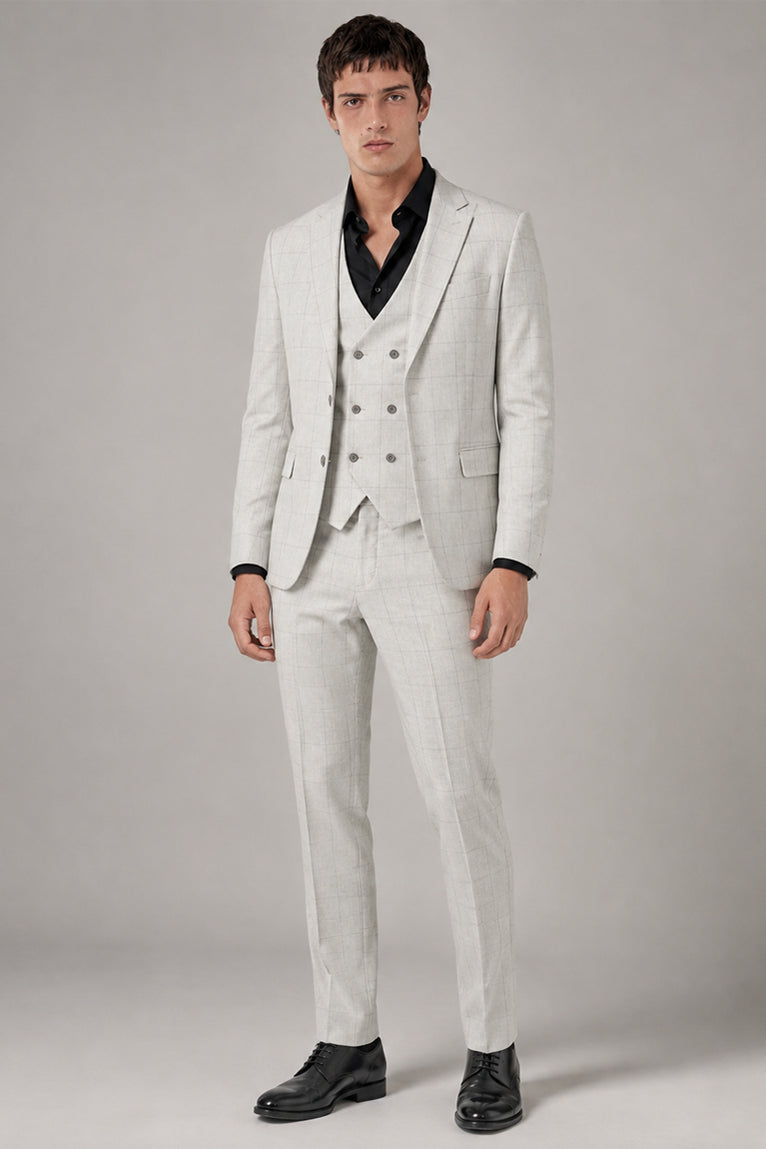 Men's Polyester Check Off White 3 Piece Suit - Suit Heritage