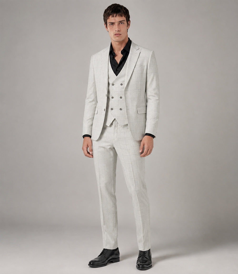 Men's Polyester Check Off White 3 Piece Suit - Suit Heritage