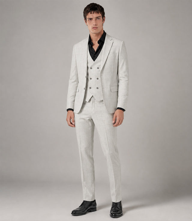 Men's Polyester Check Off White 3 Piece Suit - Suit Heritage