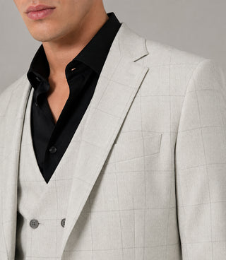 Men's Polyester Check Off White 3 Piece Suit Closeup - Suit Heritage