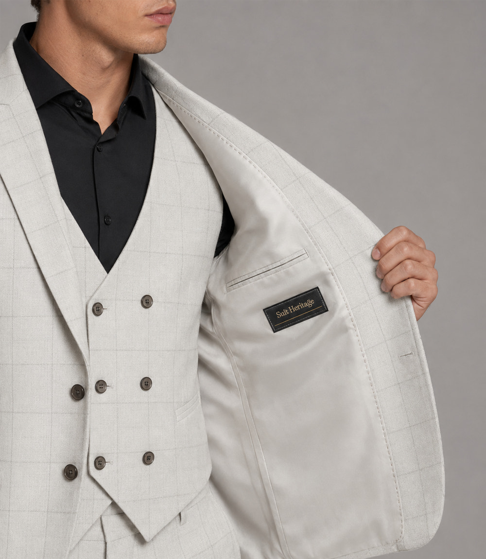 Men's Polyester Check Off White 3 Piece Suit Inner - Suit Heritage