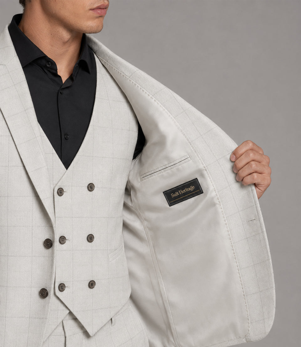 Men's Polyester Check Off White 3 Piece Suit Inner - Suit Heritage