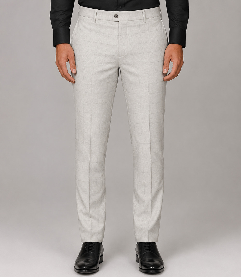 Men's Polyester Check Off White 3 Piece Suit Pant - Suit Heritage