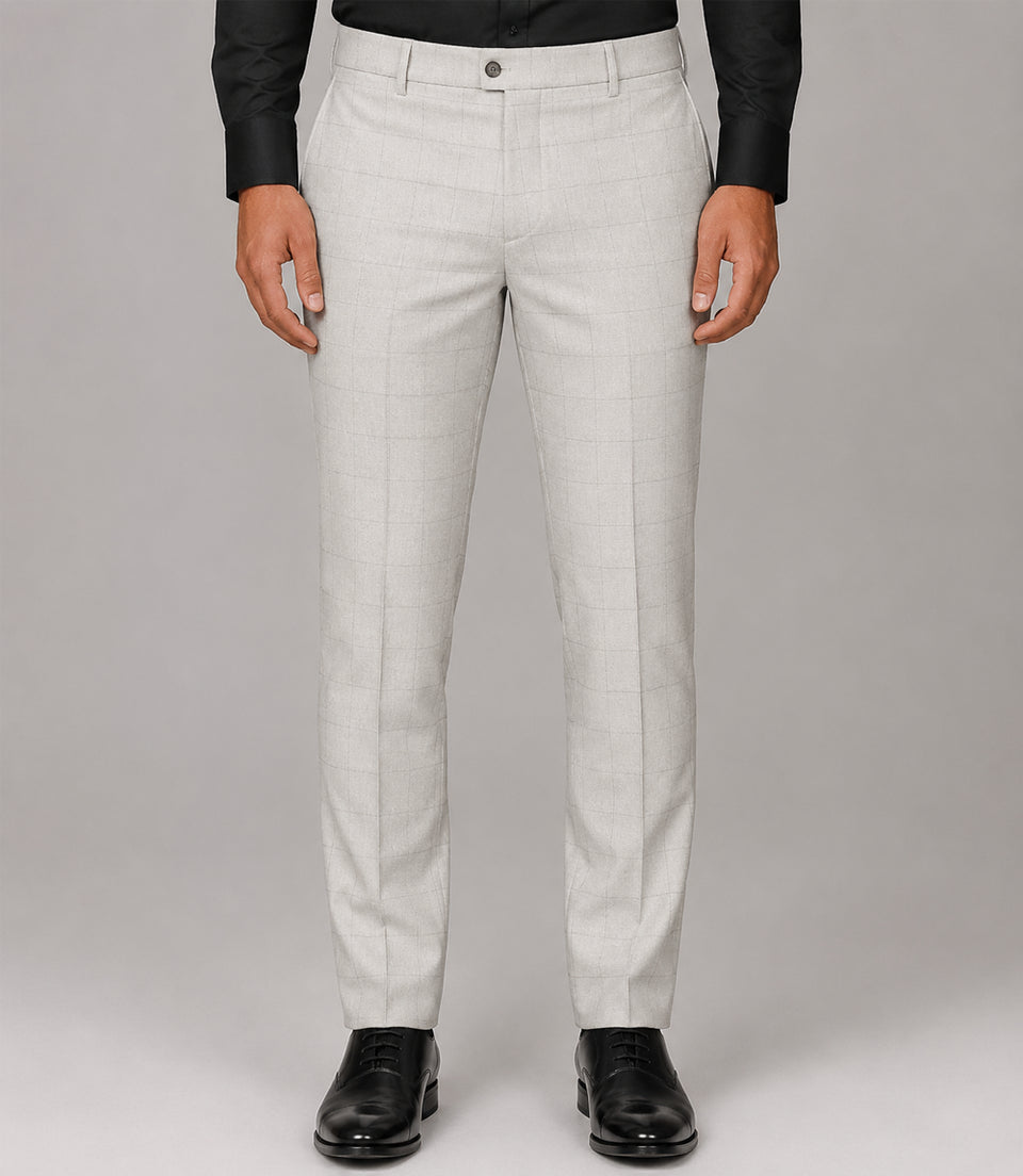 Men's Polyester Check Off White 3 Piece Suit Pant - Suit Heritage
