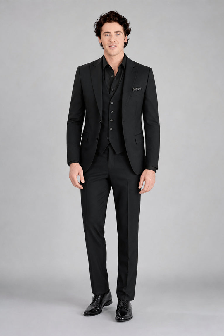 Men's Polyester Solid Black 3 Piece Suit - Suit Heritage