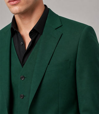 Men's Polyester Solid Green 3 Piece Suit Closeup - Suit Heritage