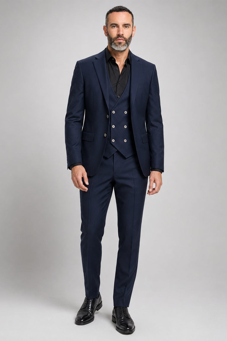 Men's Polyester Solid Navy 3 Piece Suit - Suit Heritage