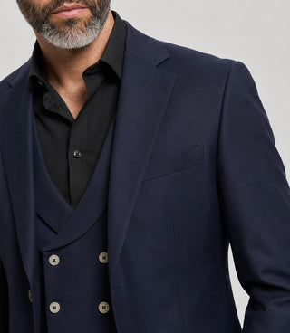 Men's Polyester Solid Navy 3 Piece Suit Closeup - Suit Heritage
