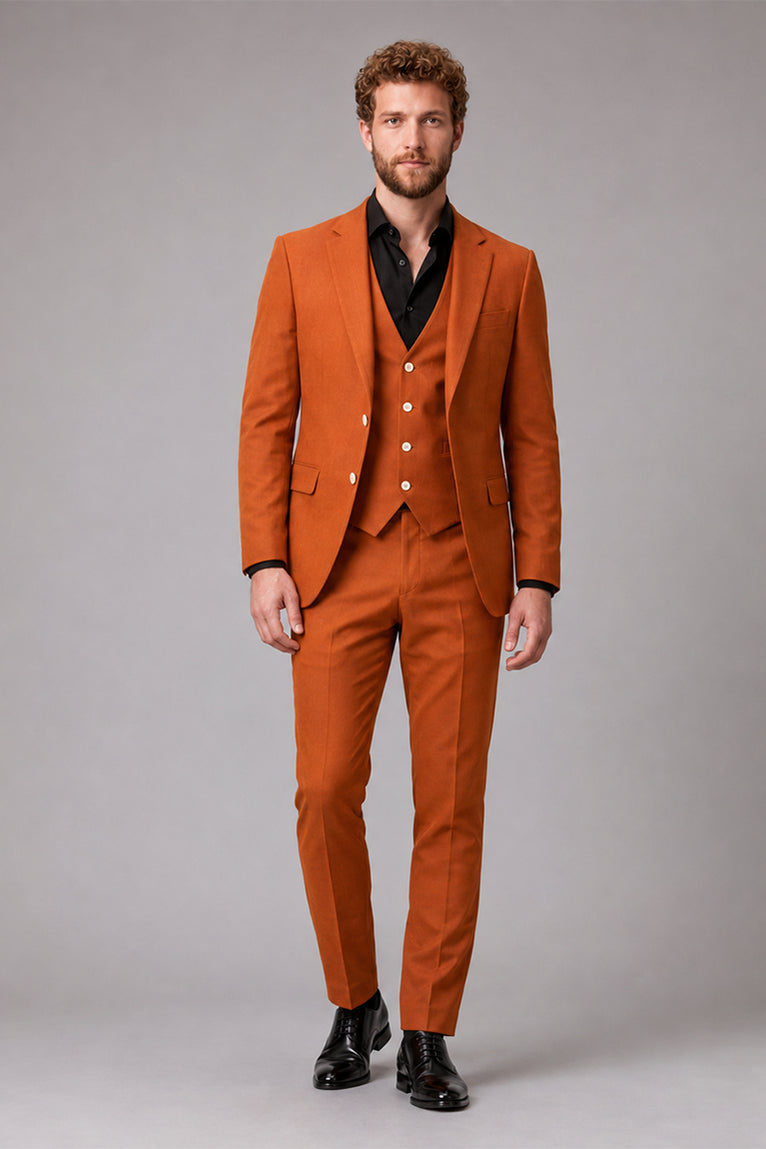 Men's Polyester Solid Orange 3 Piece Suit - Suit Heritage
