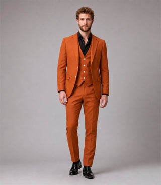 Men's Polyester Solid Orange 3 Piece Suit - Suit Heritage