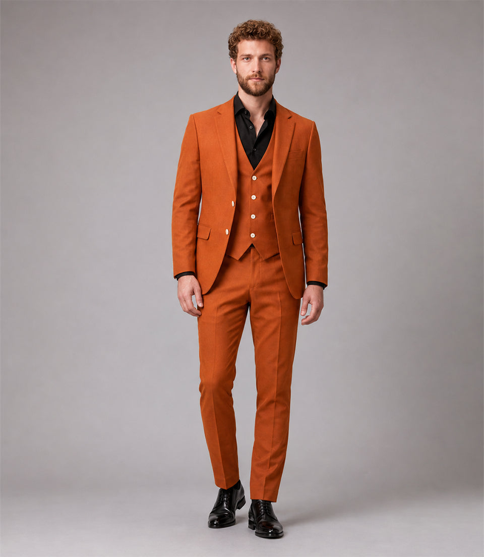 Men's Polyester Solid Orange 3 Piece Suit - Suit Heritage