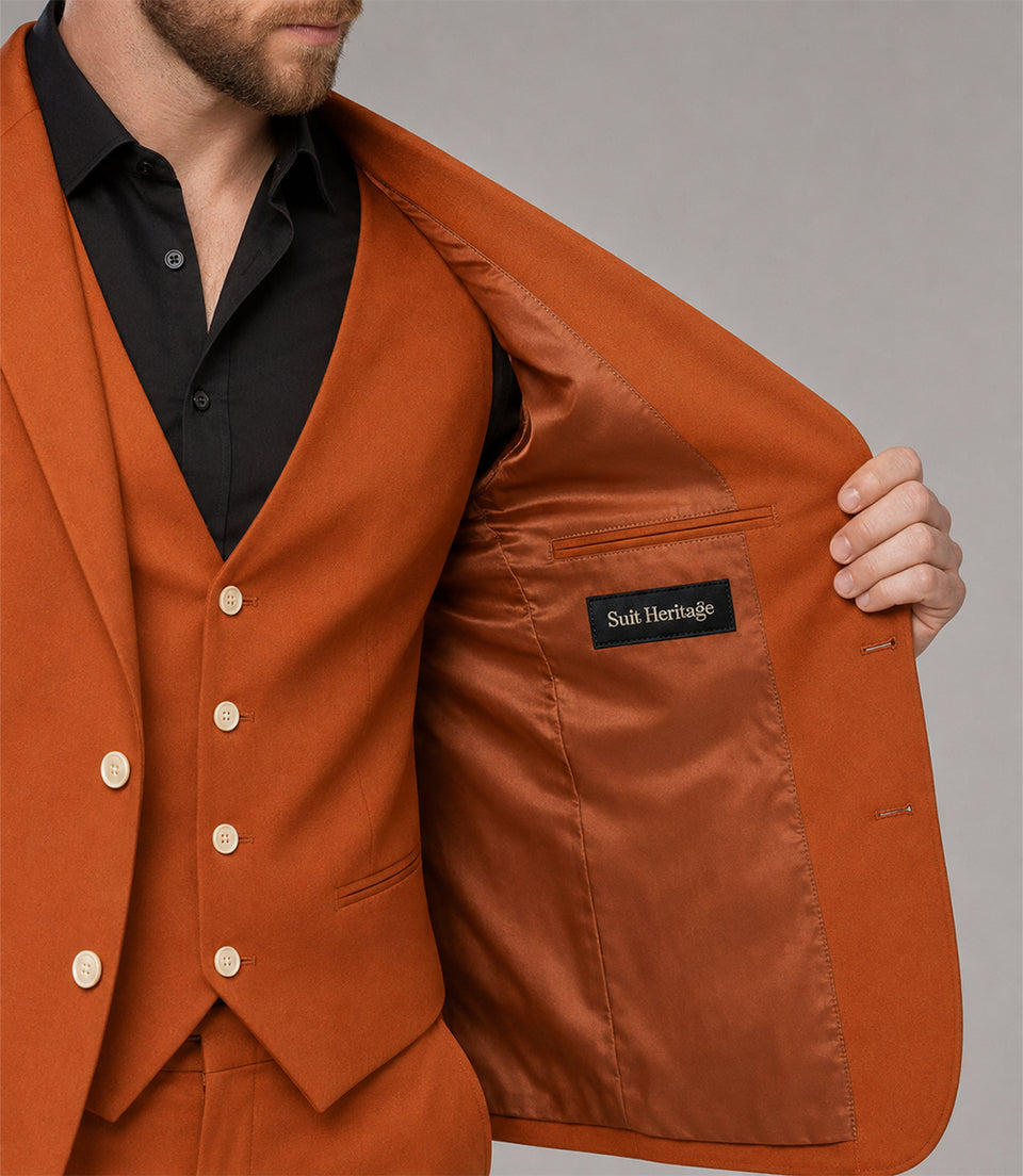 Men's Polyester Solid Orange 3 Piece Suit Inner - Suit Heritage