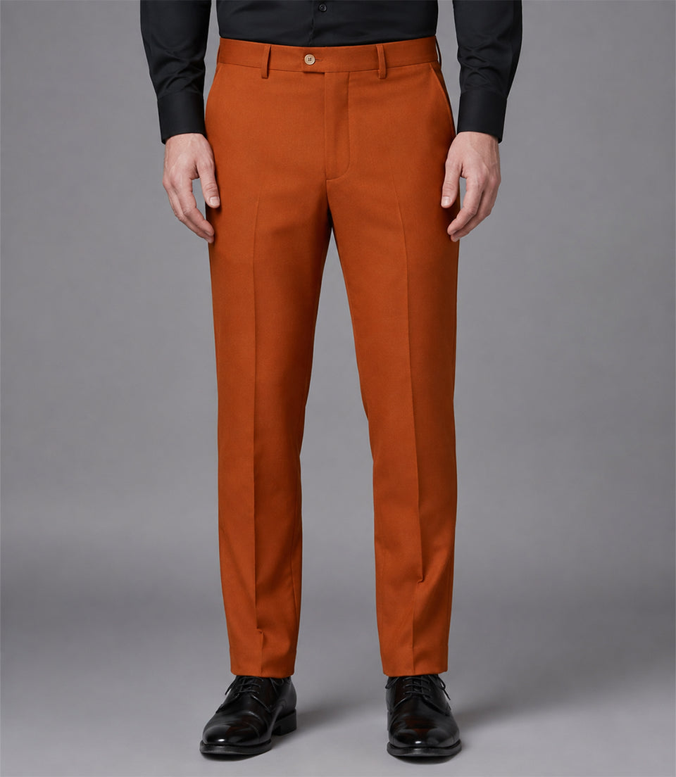 Men's Polyester Solid Orange 3 Piece Suit Pant - Suit Heritage